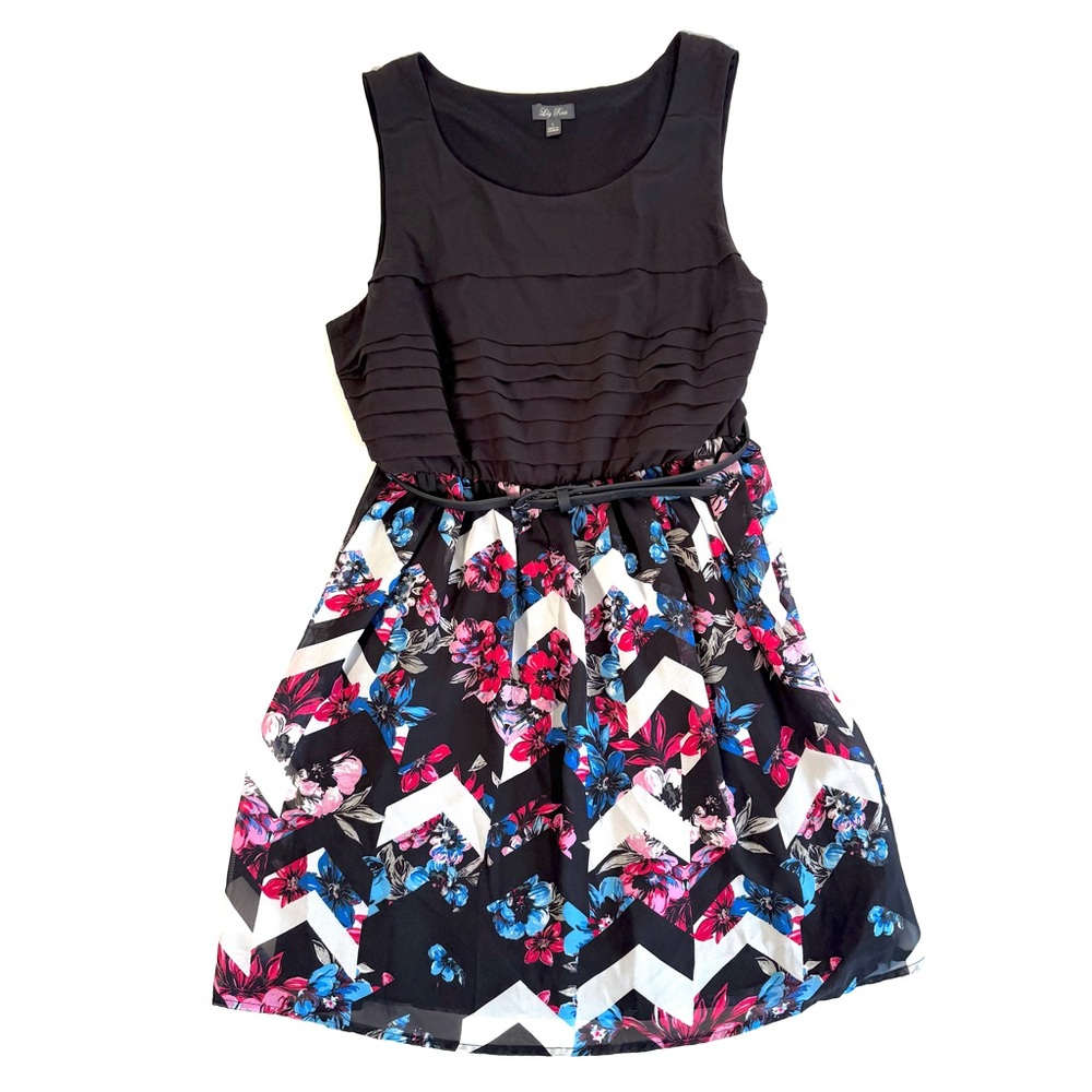 Lily Rose Black and Multicolor Chevron Floral Chiffon Fit and Flare Dress - Picture 2 of 13